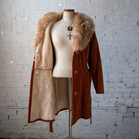 Vintage Orange Suede Penny Lane Jacket Leather Trench Coat Faux Fur Coat Large - Picture 3 of 11
